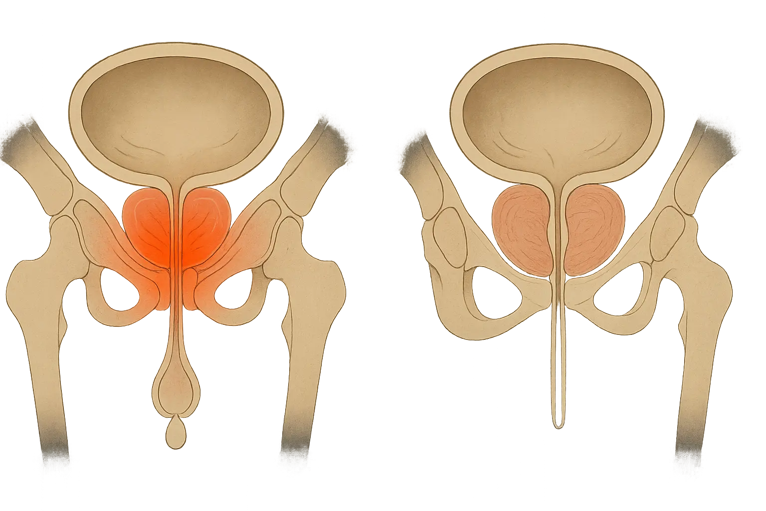 Grafische Gegenüberstellung von schmerzbetonter Prostataentzündung und verengtem Harnfluss bei vergrößerter Prostata