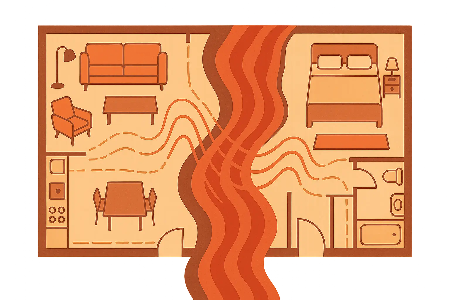 Grafische Darstellung von sichtbarer Hausarbeit, mentaler Last und emotionalem Stress in einer gemeinsamen Wohnung