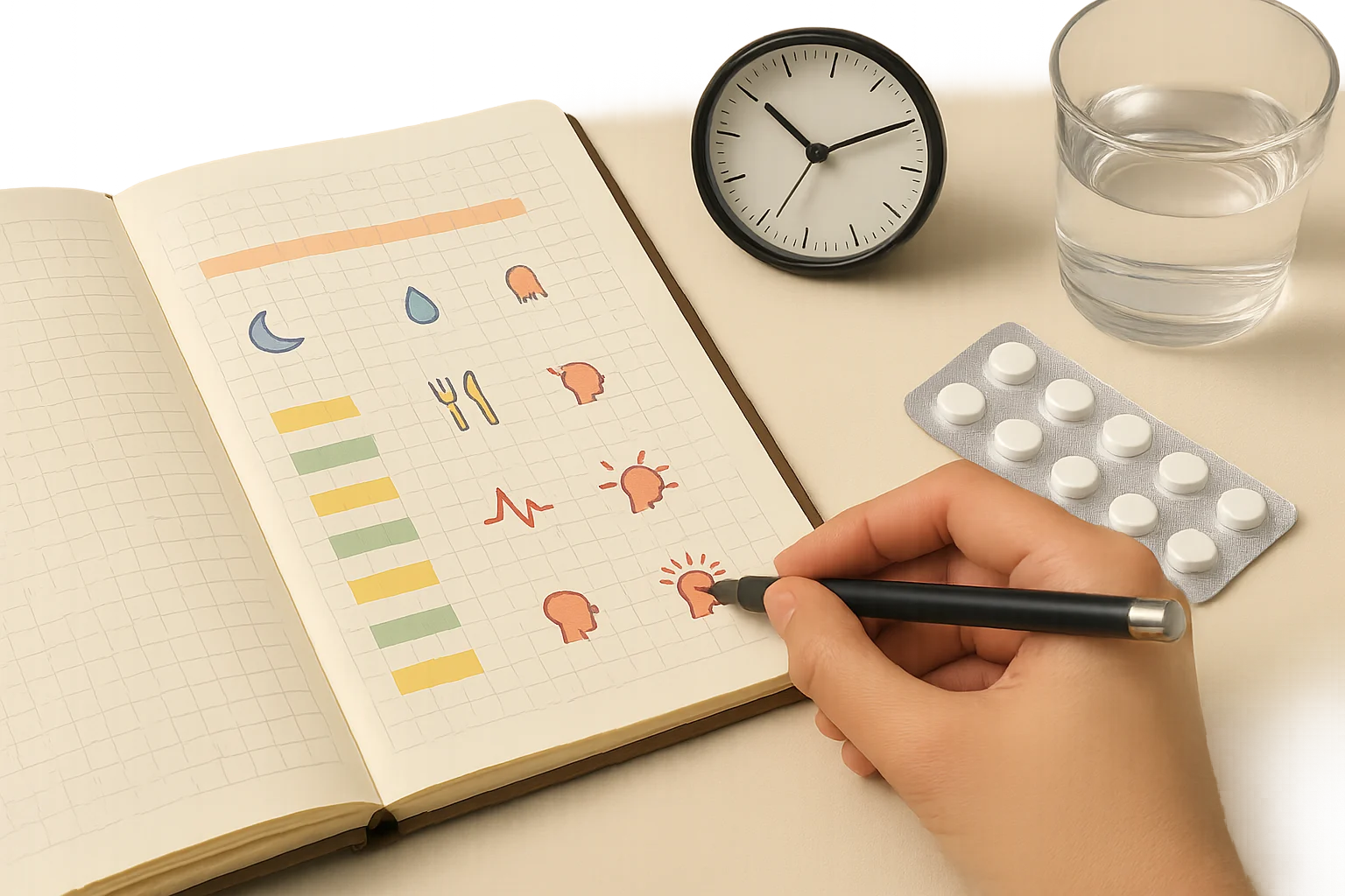 Textfreie Grafik eines Migräne-Protokolls mit Symbolen für Schlaf, Trinken, Stress und Kopfschmerz