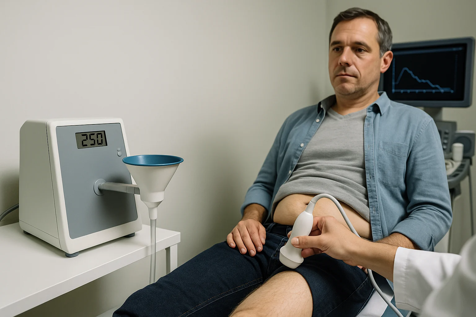 Urologische Untersuchung mit Ultraschall und Messgeräten zur Abklärung von Beschwerden beim Wasserlassen