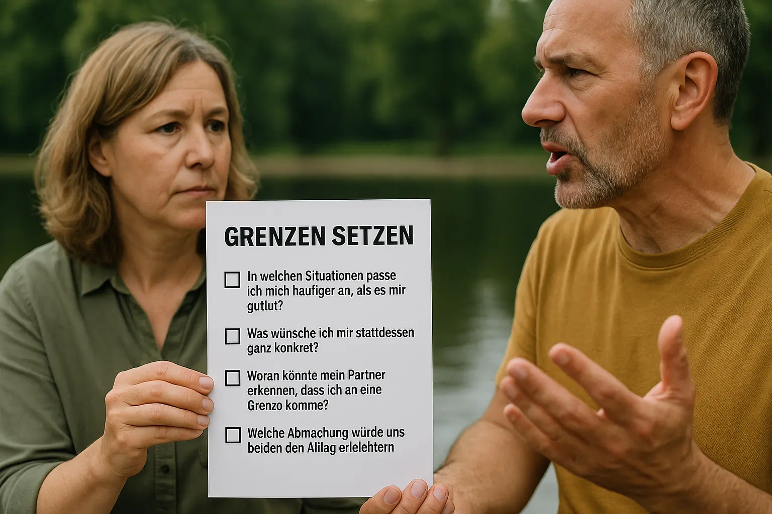 Zwei Partner sprechen bei einem Spaziergang aufmerksam und respektvoll miteinander