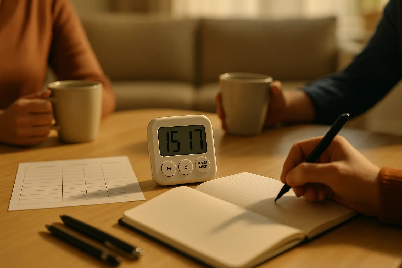 Notitieboek, timer en twee kopjes als symbool voor een regelmatig gesprek tussen partners