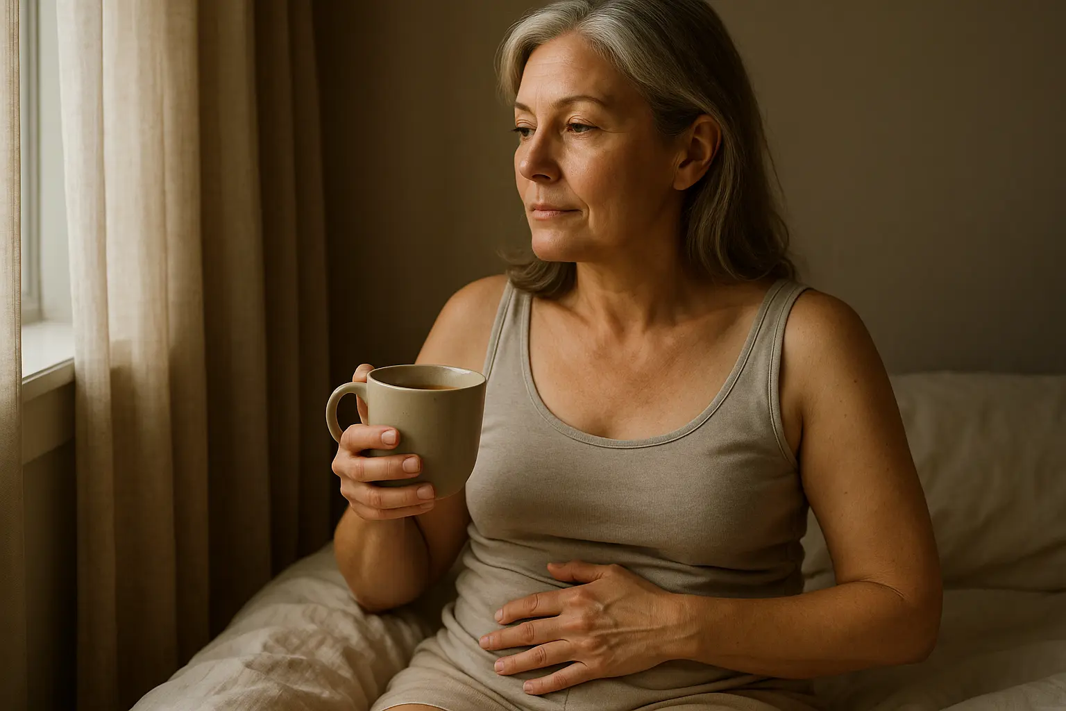 Reife Frau nimmt körperliche Veränderungen nach der Menopause achtsam wahr