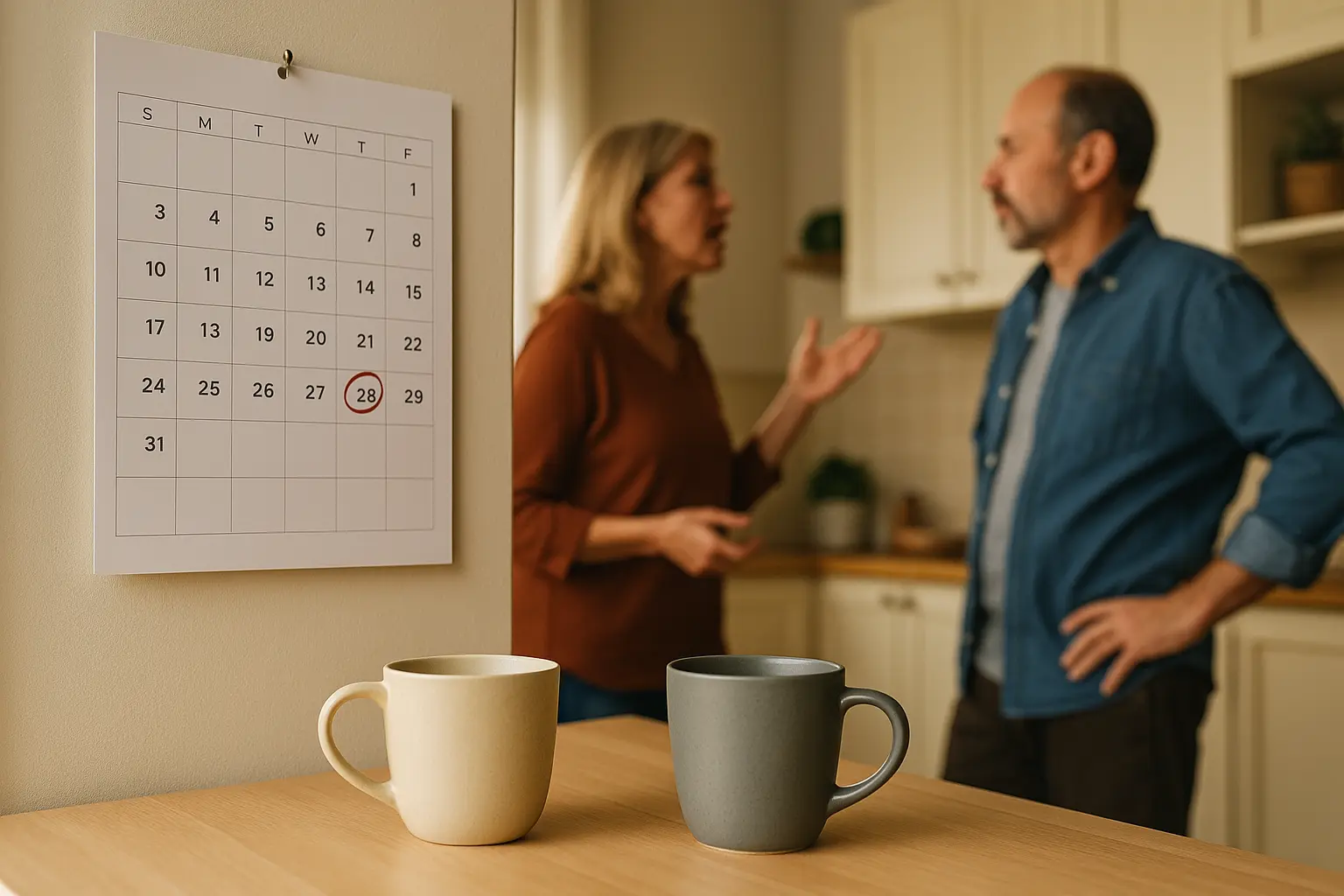Kalender und zwei Tassen als Symbol für ein wiederkehrendes Gesprächsritual in der Partnerschaft.