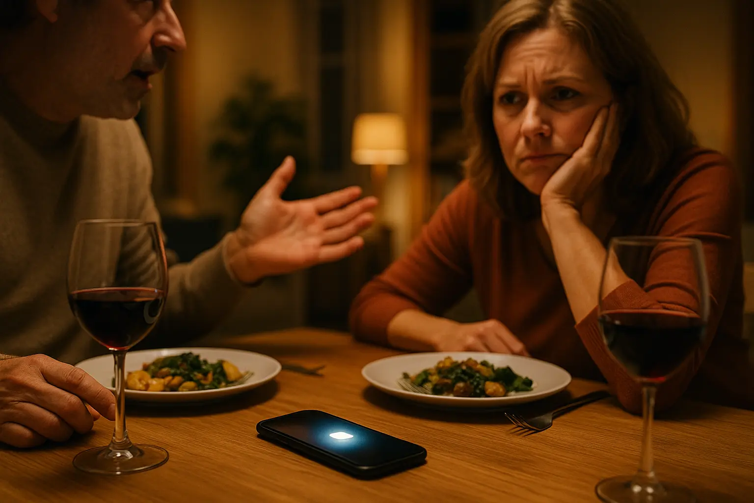 Unterbrochener Gesprächsmoment am Abendtisch durch ein aufleuchtendes Smartphone