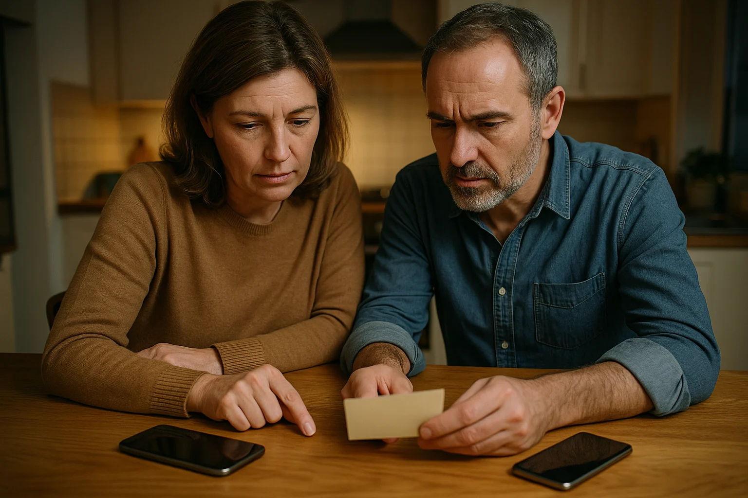 Paar prüft am Küchentisch gemeinsam störende Handy-Momente im Alltag