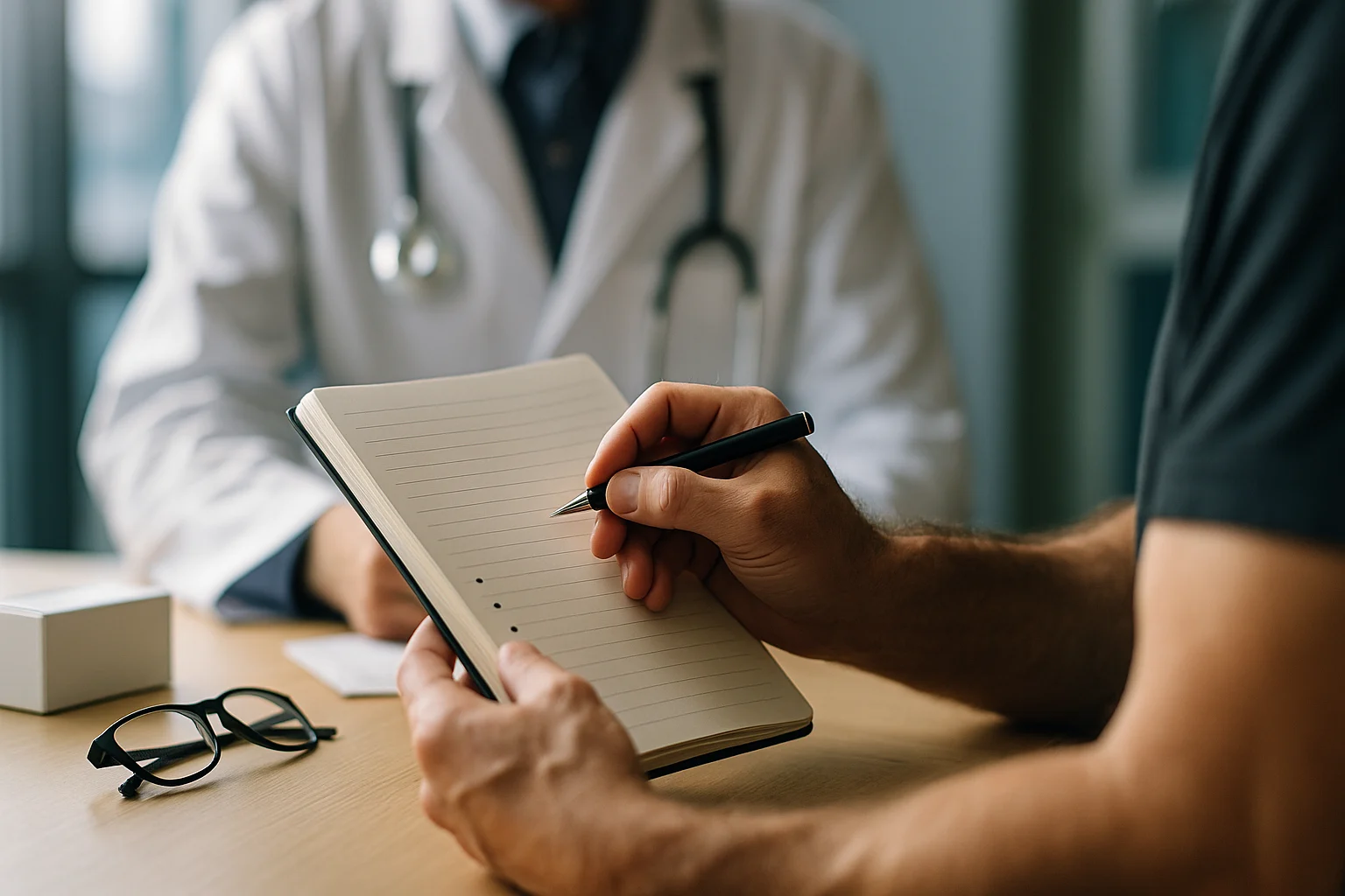 Notizbuch und Gesundheitsunterlagen zur Vorbereitung auf ein Hausarztgespräch